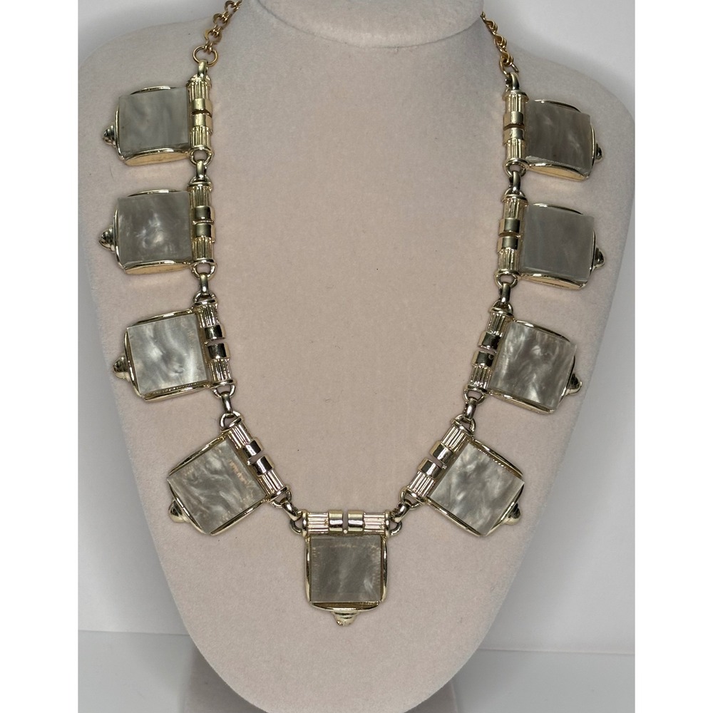 Vintage 1960s Gold Tone Art Deco Style Fringe Necklace Gray Thermoset Lucite 17"
